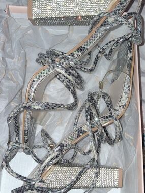 Strappy Snake-Print Lace-Up Heels in Gray